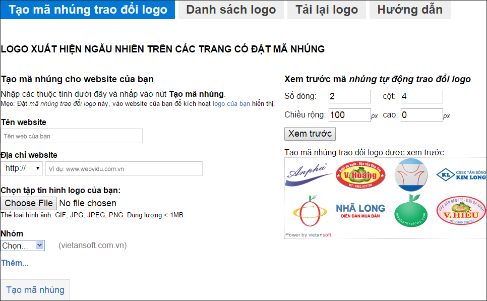 Tạo mã nhúng trao đổi logo